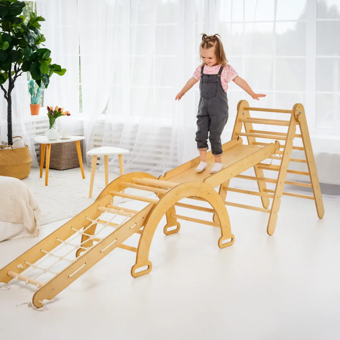 4in1 Montessori Climbing Frame Set: Triangle Ladder   Arch/Rocker   Slide Board/Ramp   Netting Rope