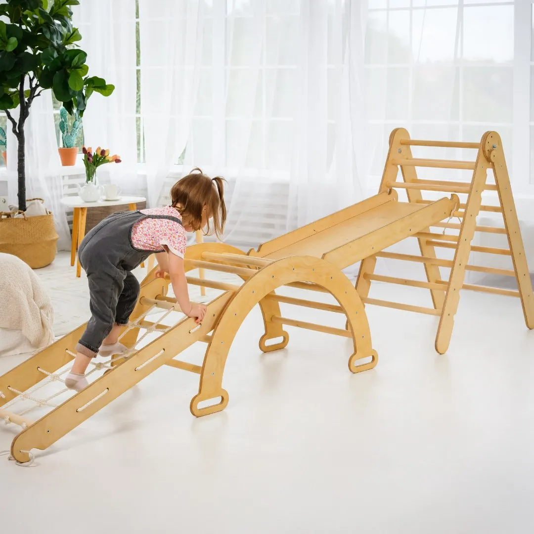 4in1 Montessori Climbing Frame Set: Triangle Ladder   Arch/Rocker   Slide Board/Ramp   Netting Rope