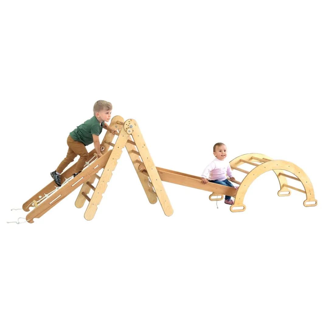 4in1 Montessori Climbing Frame Set: Triangle Ladder   Arch/Rocker   Slide Board/Ramp   Netting Rope