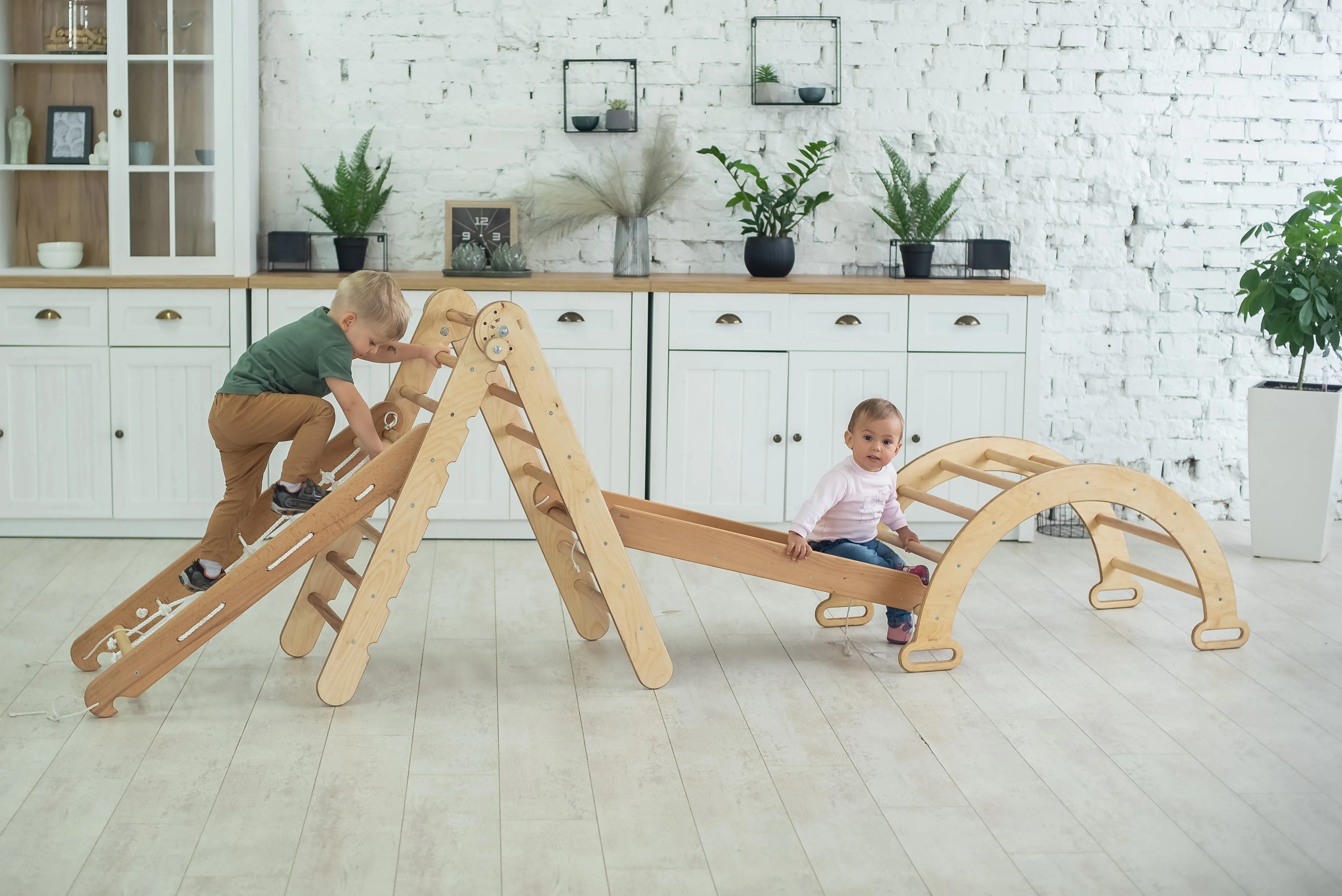 4in1 Montessori Climbing Frame Set: Triangle Ladder   Arch/Rocker   Slide Board/Ramp   Netting Rope