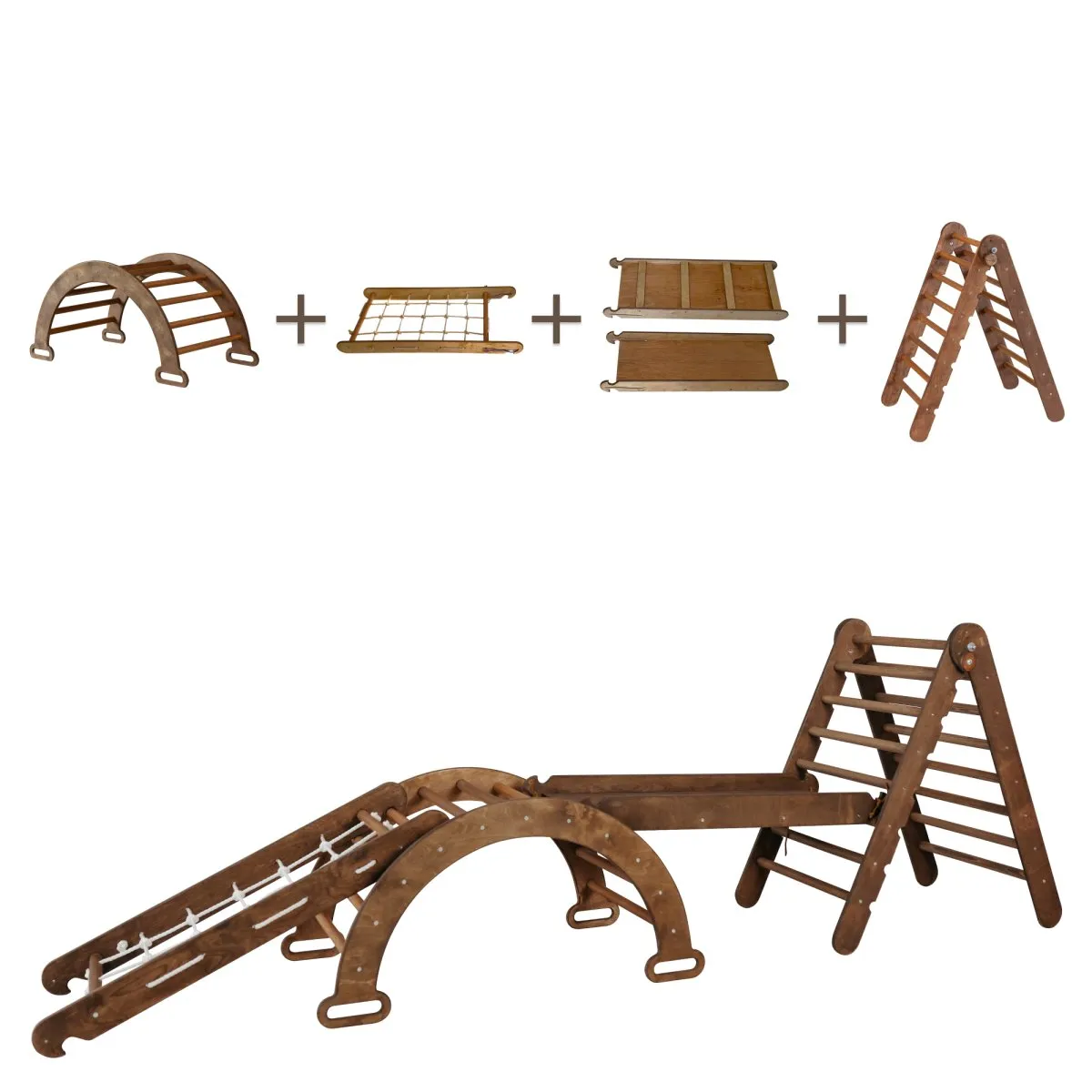 4in1 Montessori Climbing Frame Set: Triangle Ladder   Arch/Rocker   Slide Board/Ramp   Netting Rope