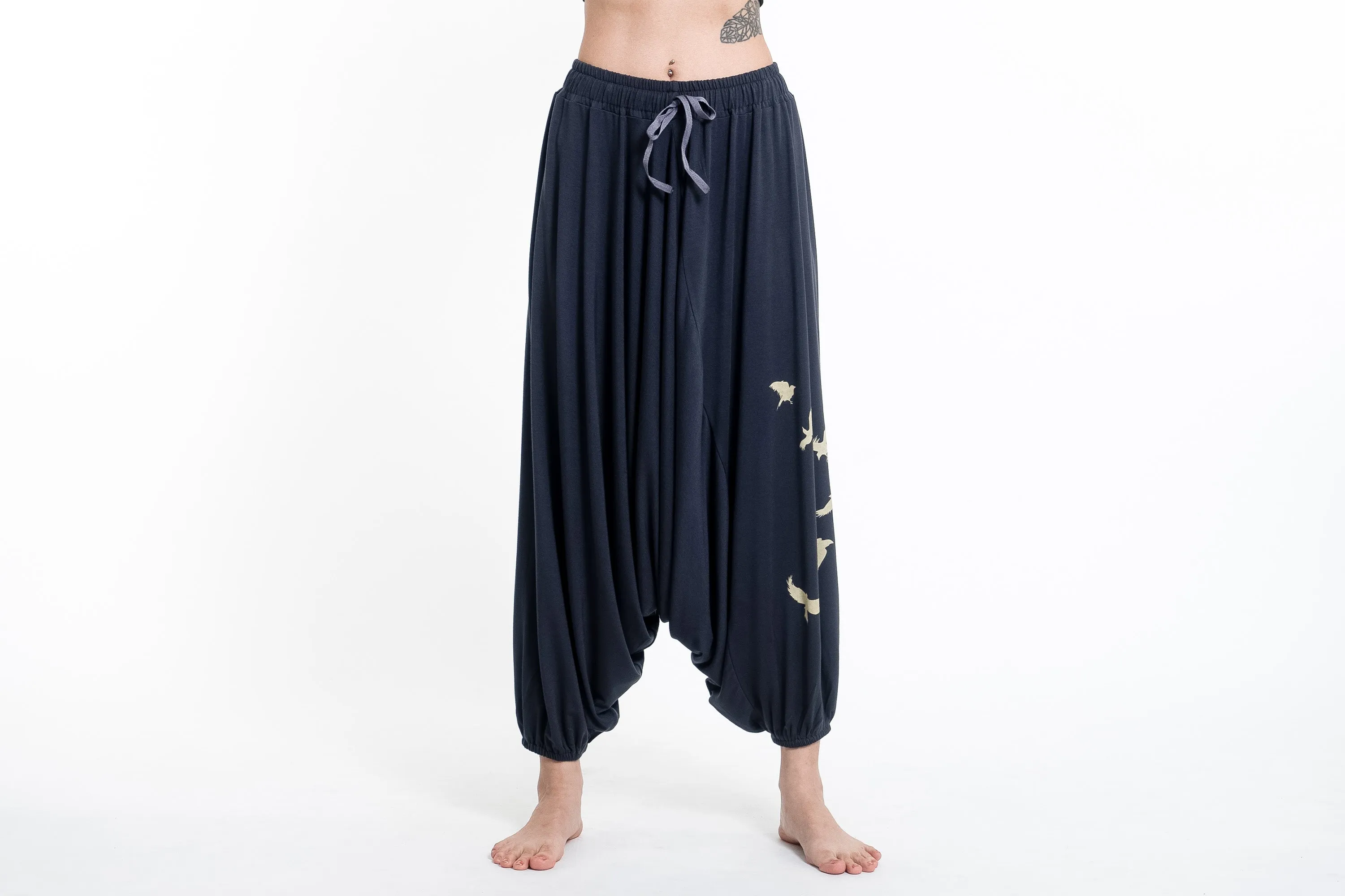 Birds Print Drawstring Low Cut Harem Pants Cotton Spandex in Gray