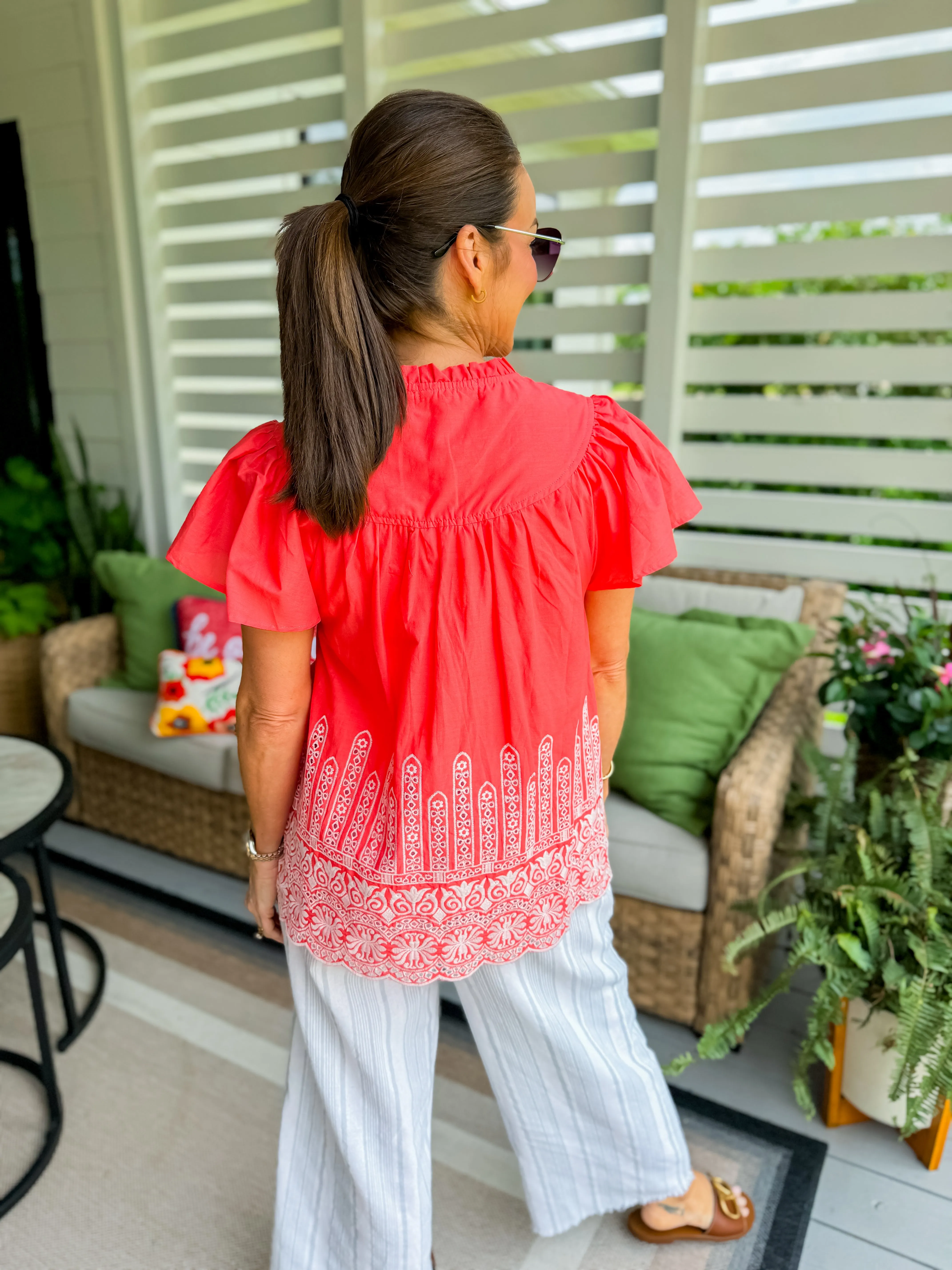 Coral Boxy Cut Ruffle Top