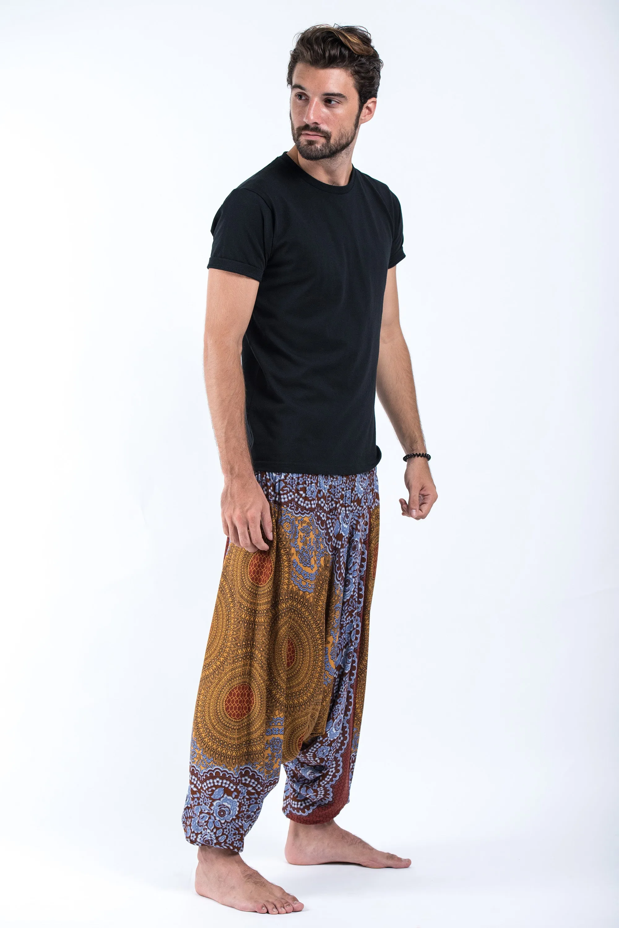 Geometric Mandalas Drop Crotch Men's Harem Pants in Bronze