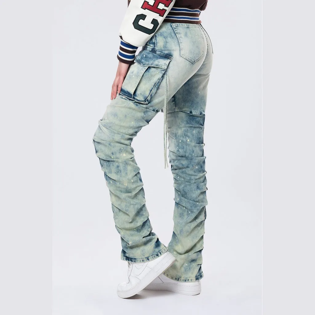 High Rise Cargo Bootcut Jeans - Orion Blue