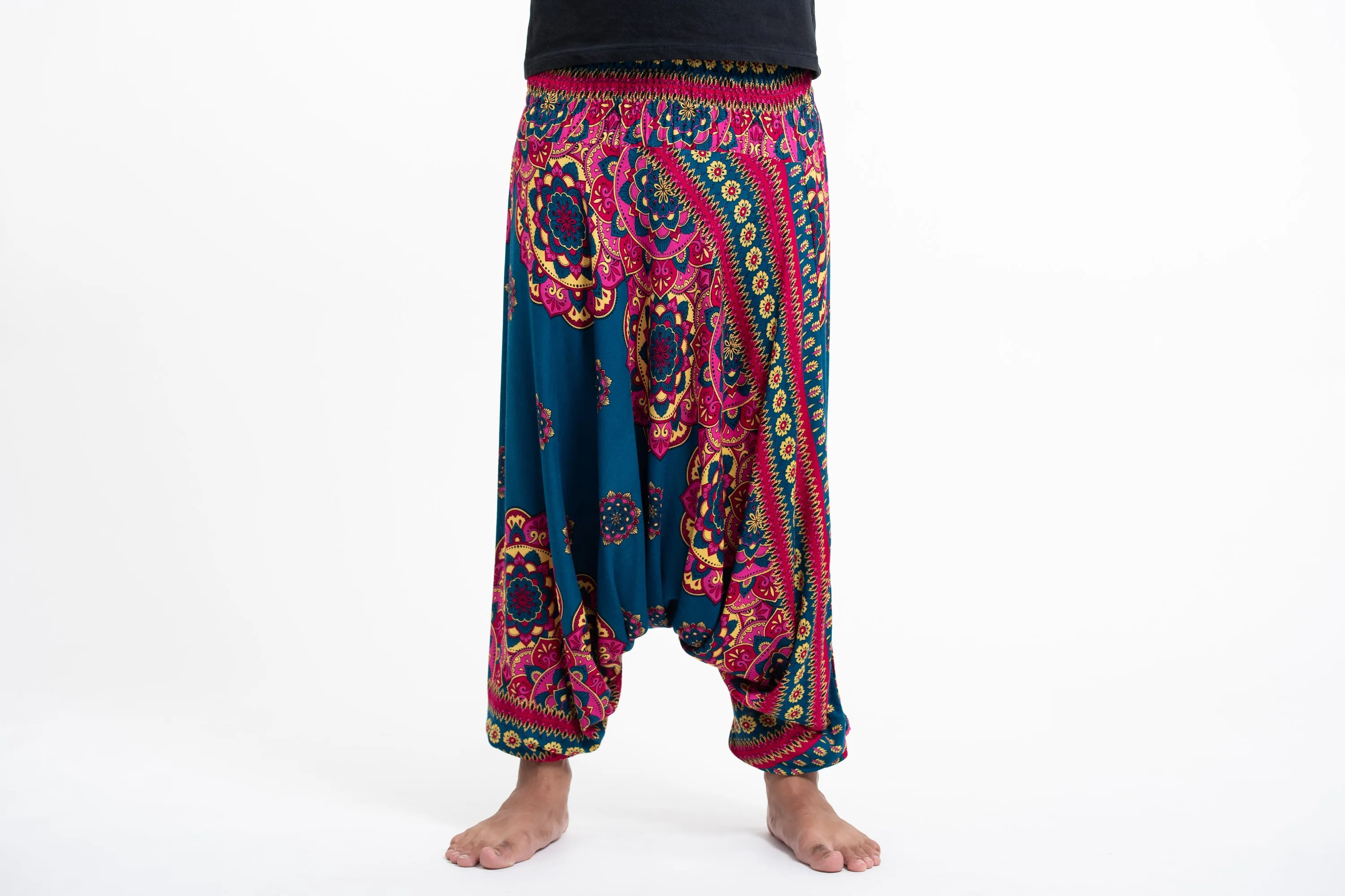 Lotus Mandalas Drop Crotch Men's Harem Pants in Turquoise