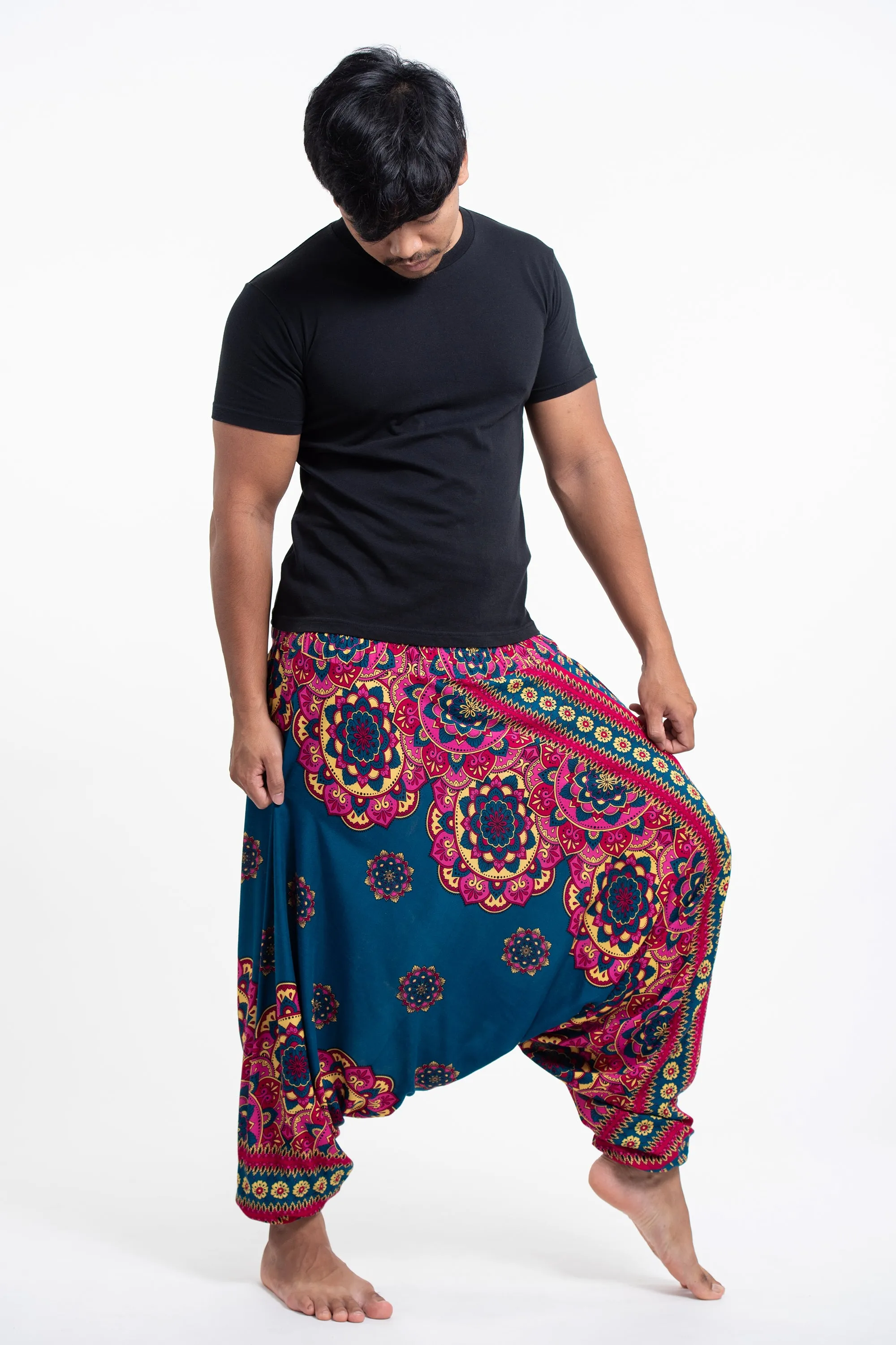 Lotus Mandalas Drop Crotch Men's Harem Pants in Turquoise