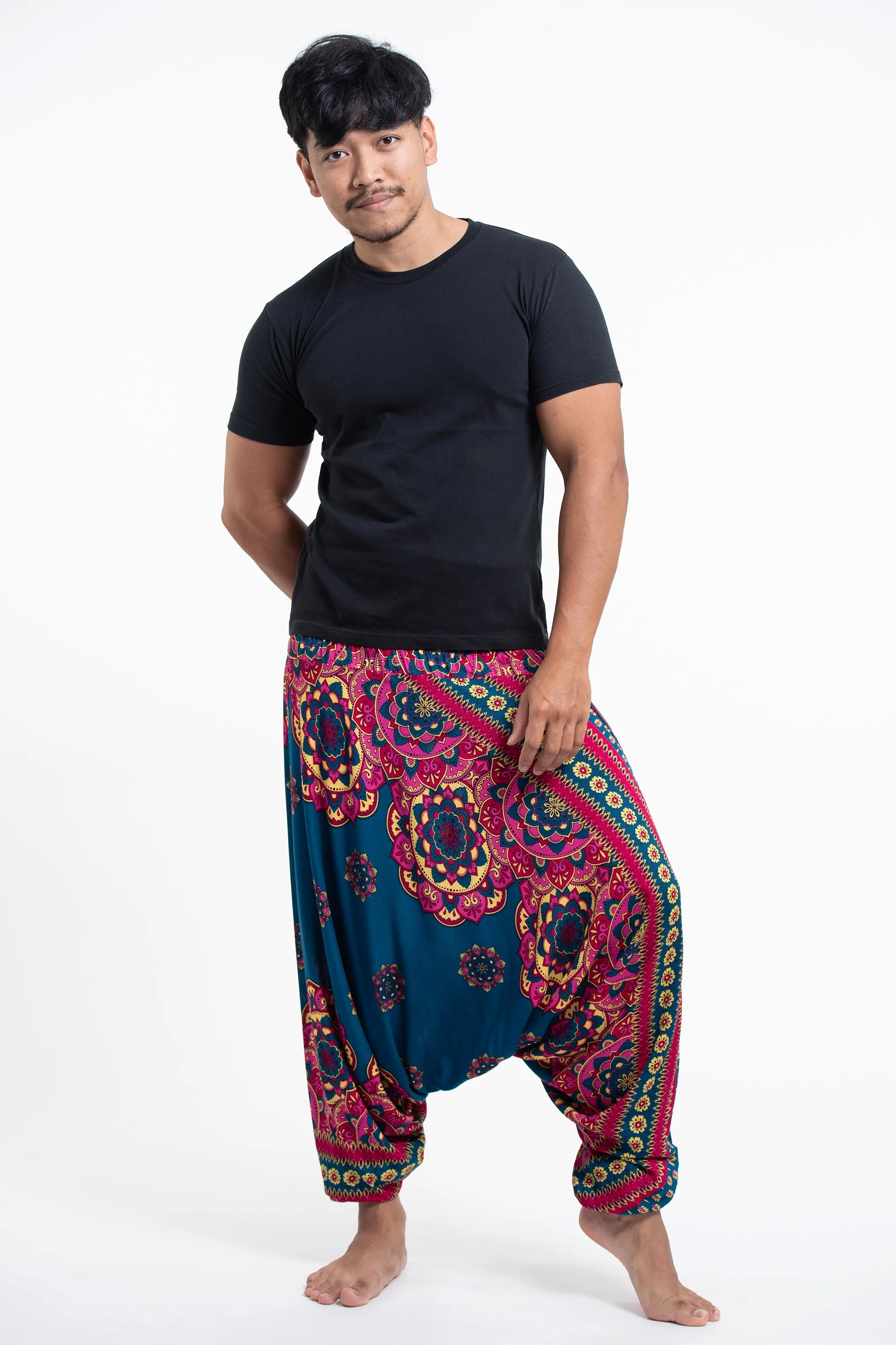 Lotus Mandalas Drop Crotch Men's Harem Pants in Turquoise