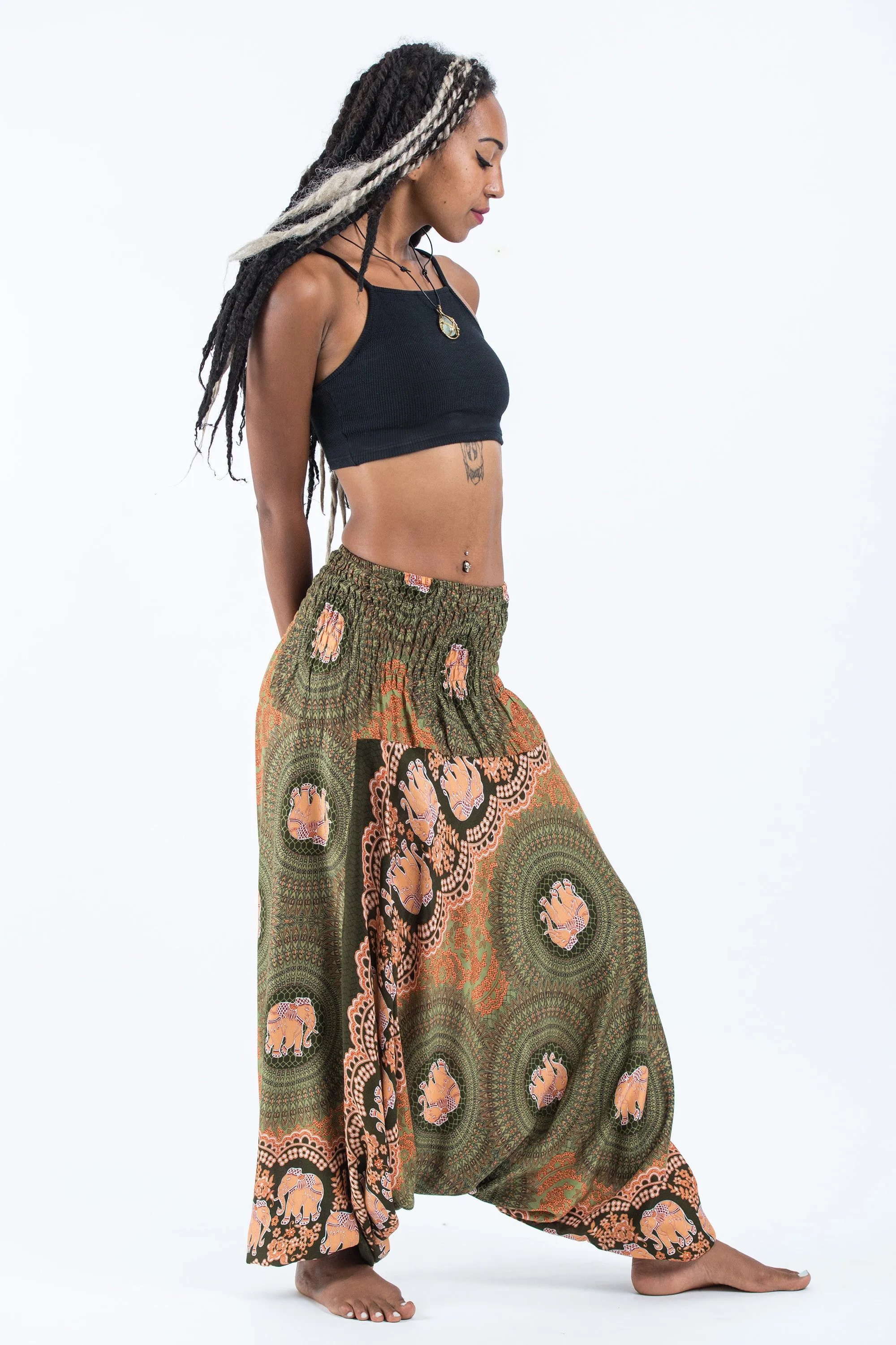 Mandala Elephant 2-in-1 Jumpsuit Elephant Pants in Olive