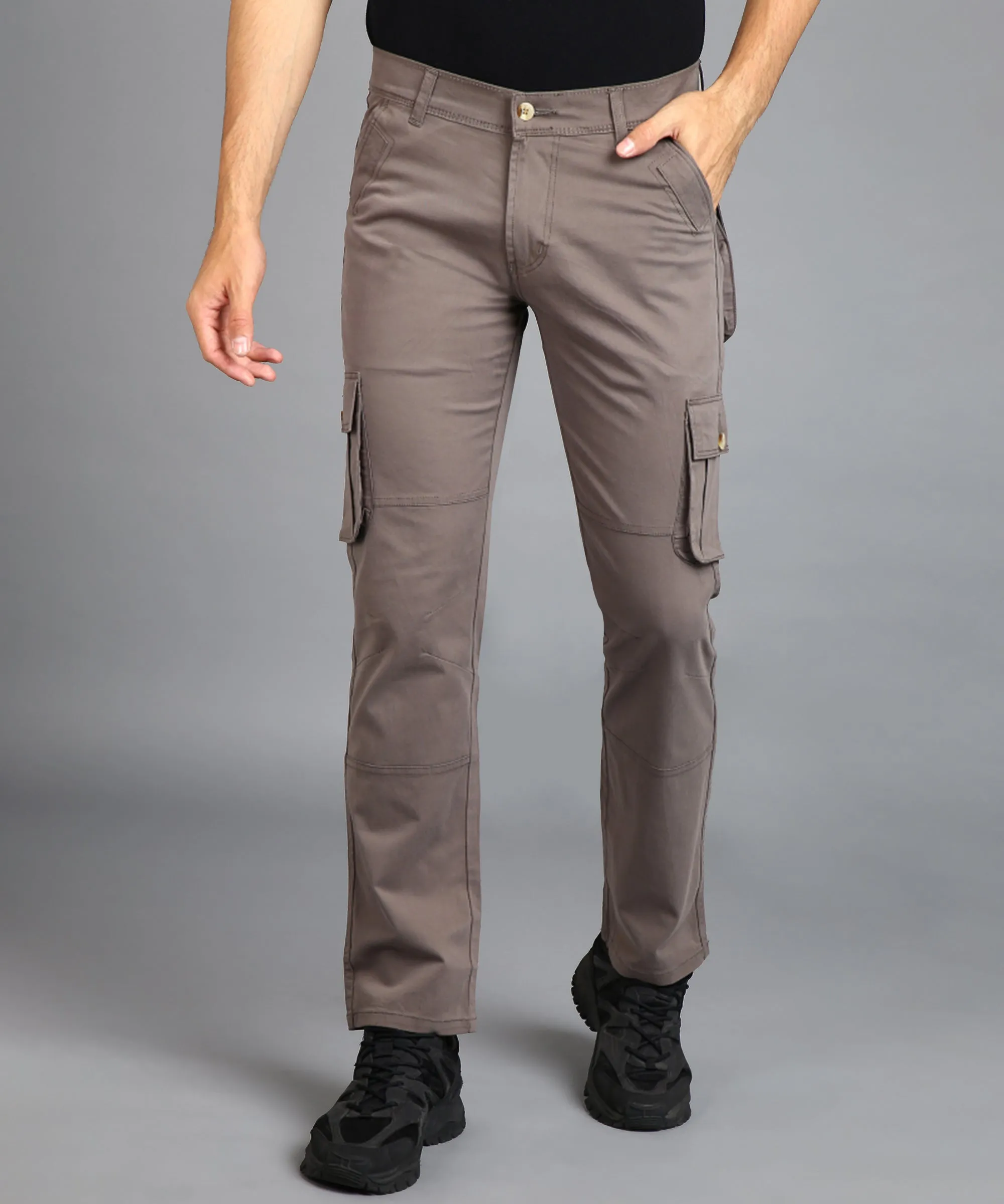 Men's Dark Grey Regular Fit Solid Cargo Chino Pant with 6 Pockets