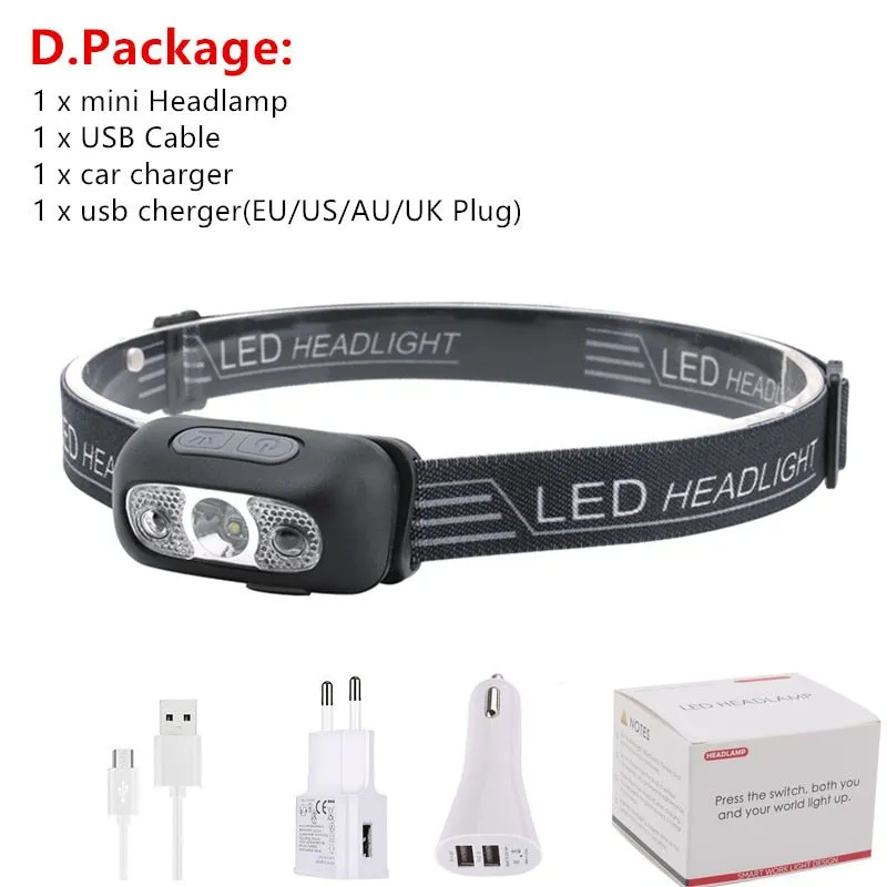 Mini Rechargeable LED Headlamp Body Motion Sensor Headlight Camping Flashlight Head Light Torch Lamp With USB