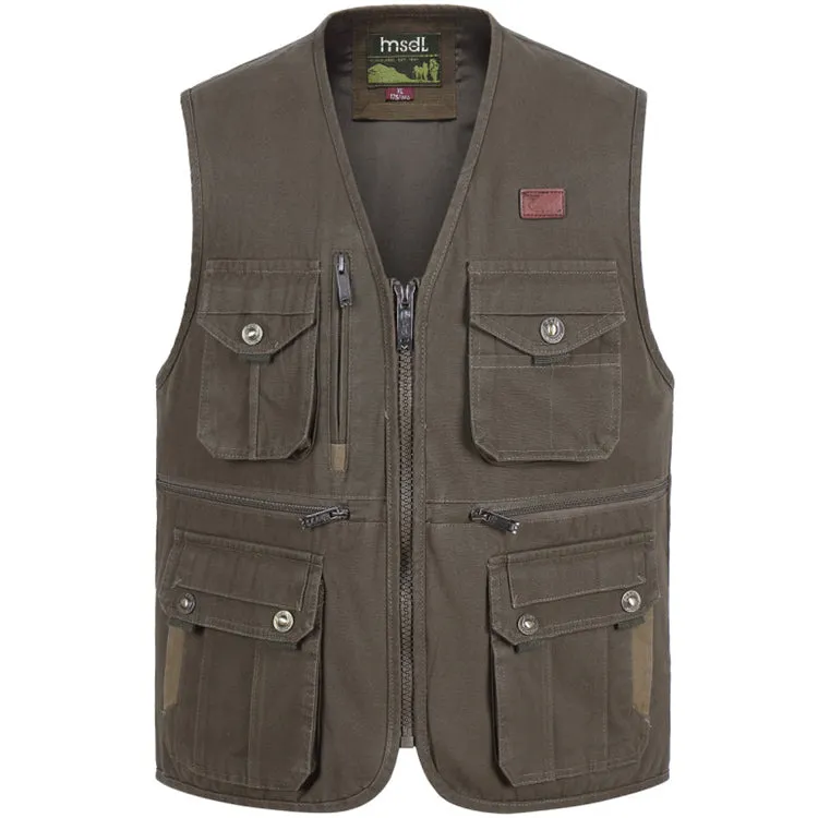 Solid Color V-neck Zipper Multi-pocket Men's Vest