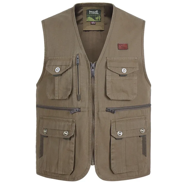 Solid Color V-neck Zipper Multi-pocket Men's Vest