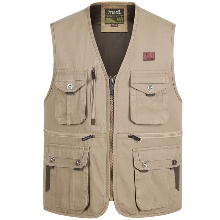 Solid Color V-neck Zipper Multi-pocket Men's Vest