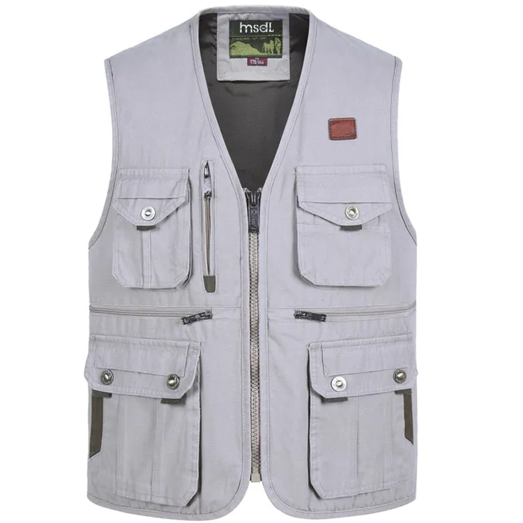 Solid Color V-neck Zipper Multi-pocket Men's Vest